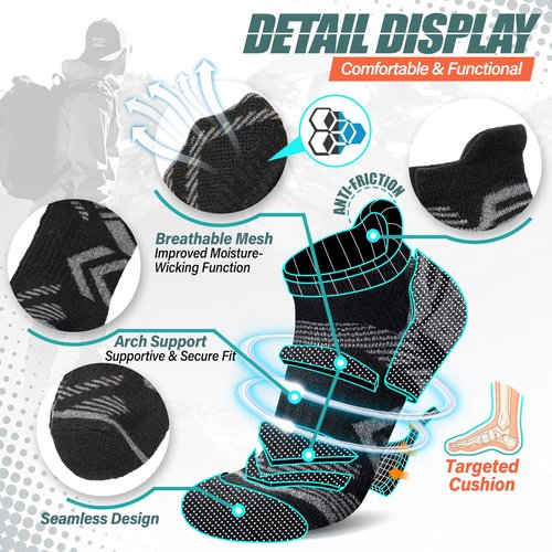 ANTSANG Merino Wool Ankle Hiking Socks Compression Warm Thermal Thick Cushion Winter Running No Show Moisture Wicking Socks Gifts Stocking Stuffers for Women Men 6 Pairs(Dark Black,M)