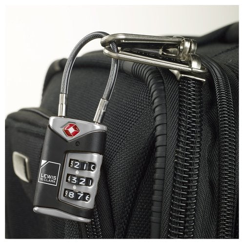 Lewis N. Clark TSA Approved Luggage Lock + Steel Cable for Suitcase, Carry On, BackPack, Laptop Bag + Purse, Perfect For Airport, Hotel or Gym - Set + Reset Your Own Combo, Black