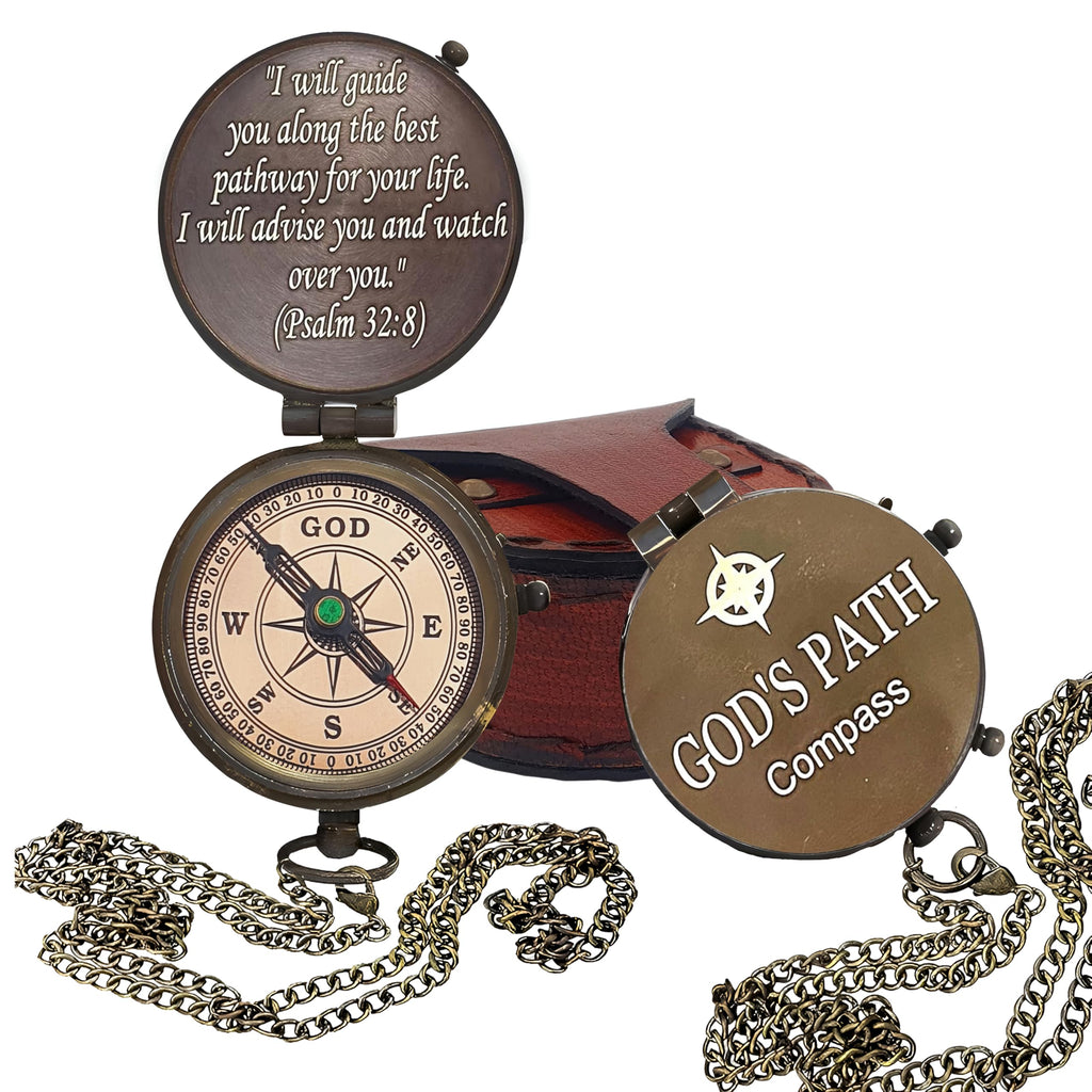 PSALM God's Path Compass - Engraved Working Handmade Antique Compass with Scripture - Religious, Christian, Catholic, Christening, First Communion, Confirmation Gifts for Teenage Men (Leather Box)