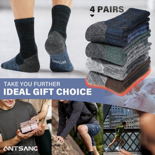 ANTSANG Merino Wool Hiking Socks, Full Cushion Thick Thermal Crew Socks for Men and Women, 4 Pairs(Dark Mixed, L)