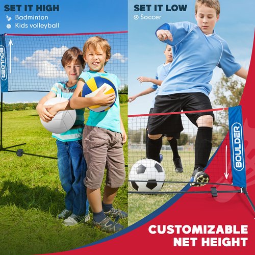 BOULDER Portable Badminton Pickleball Net - Foldable / Extendable Poles for Multiple Sports Heights (UP to 5 ft) - Ideal for Tennis, Pickleball, Soccer Tennis - Easy Setup (Blue, 17 FT)