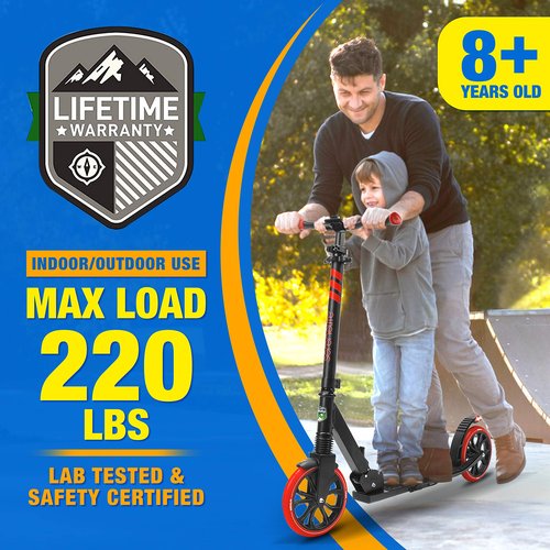 SereneLife Two Wheel Scooter for Teens, Smooth Gliding Kick Scooter for Adults w/ Adjustable Height for Ages 8+, Portable All Terrain Scooter w/ Carry Straps, Easy to Fold