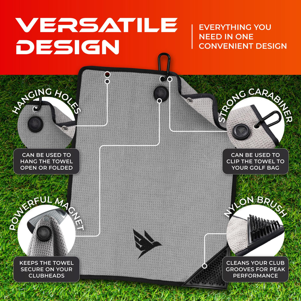 SWIFTEE Ultimate 4-in-1 Premium Golf Towel with Built-in Brush, Magnet, Ball Marker & Carabiner - 760GSM Microfibre Waffle Towel with Inner Wet Dry Liner (Grey)