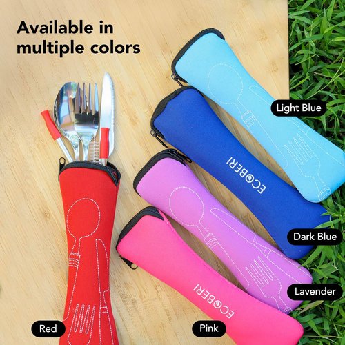Ecoberi Travel Utensils Set - Reusable Stainless Steel Cutlery with Case | 4 Pack for Camping & Work
