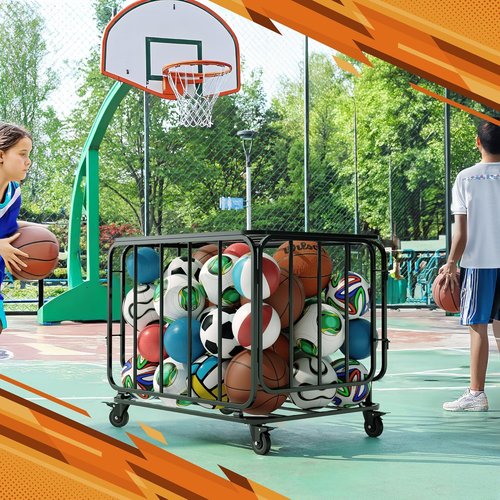 Houseables Ball Cart - Sports Equipment Organizer with Wheels | Large Metal Basketball & Volleyball Storage Bin