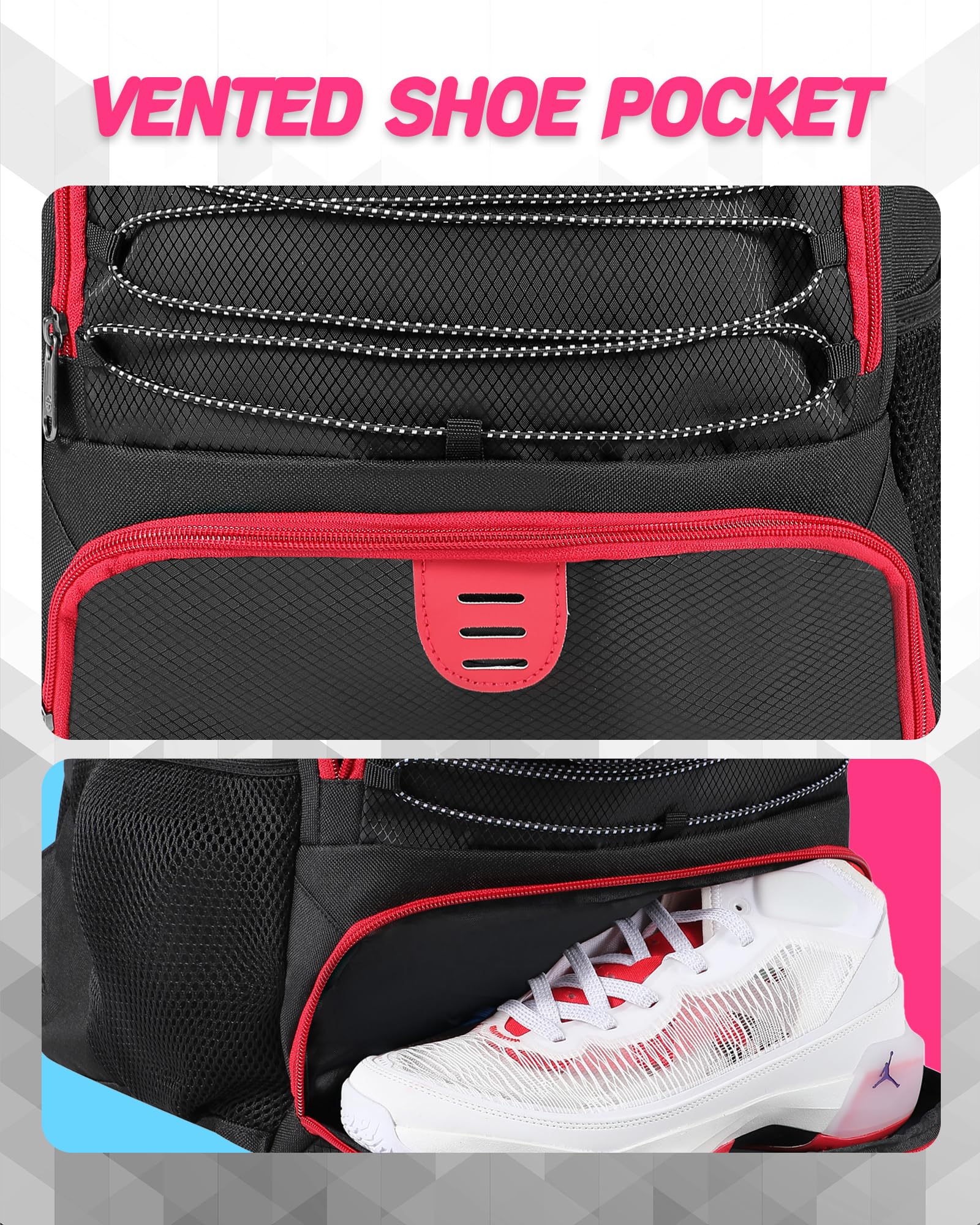 Soccer Ball Bag Backpack for Men Women with Ball & Shoes Compartment 32L Capacity Lightweight Breathable Boys Girls Basketball Bag Backpack Fit Volleyball Football Sports Travel School Gym Red Edge