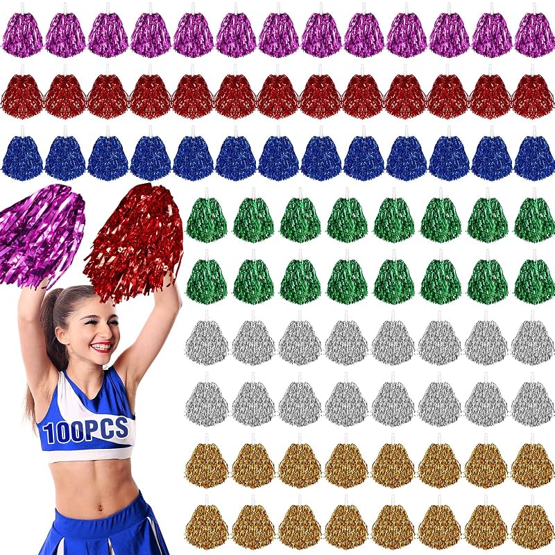 Multicolor 100 Pcs Metallic Cheerleading Pom Poms with Plastic Handles - 13in