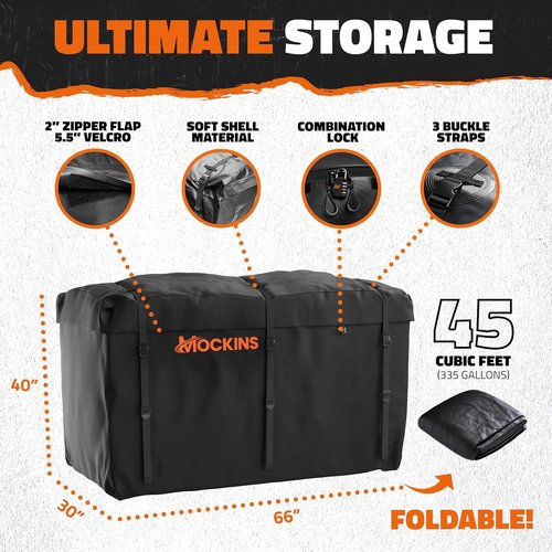 Mockins XL High Rail Trailer Hitch Cargo Carrier - 45 CuFt Waterproof Bag | 500 Lbs Capacity, Folding Design for SUVs & Trucks