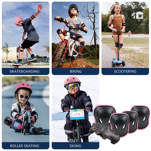 GTSBROS Knee Pads for Kids Knee Pads and Elbow Pads 6 in 1 Protective Gear Set with Wrist Guard for Boys Girls Skateboarding Inline Roller Skating Cycling Scooter(Pink)