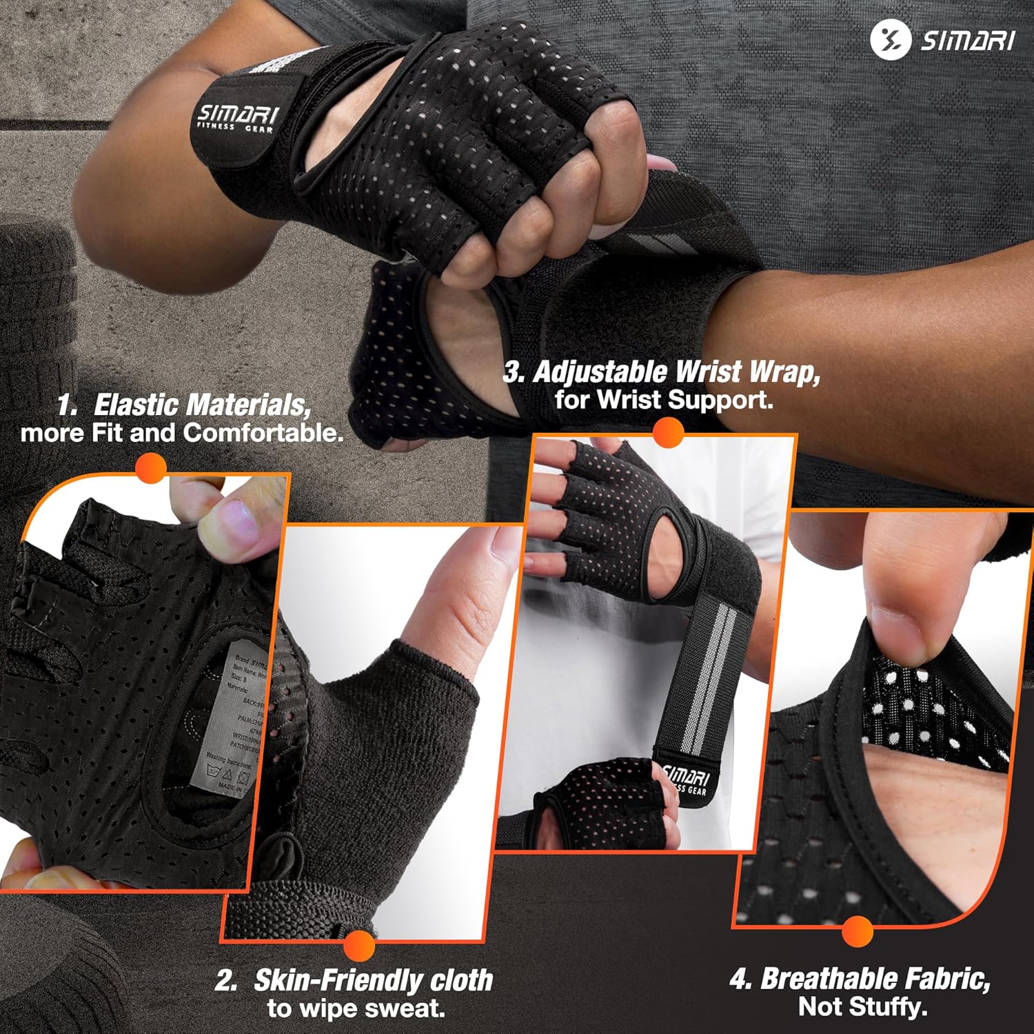 SIMARI Workout Gloves - Breathable Padded Weight Lifting Gloves with Wrist Wraps | Full Palm Protection, Fingerless Black