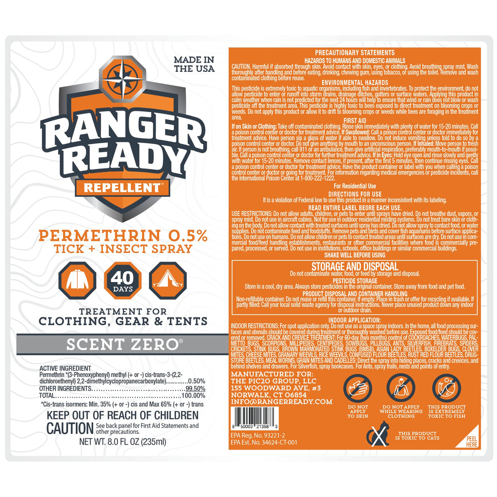 Ranger Ready Permethrin Spray for Clothes and Outdoor Gear - Permethrin Insect & Tick Repellent - Scent Zero (8oz, Pack of 3)