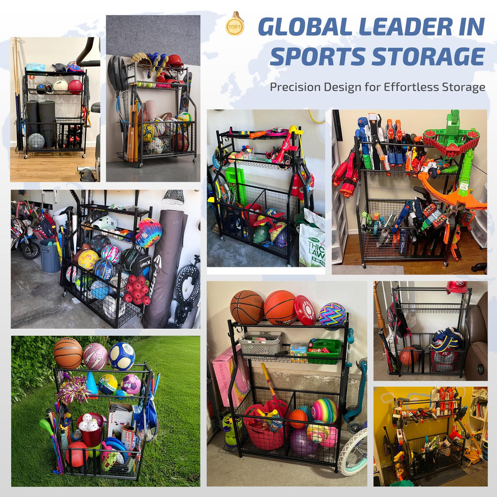 PLKOW Sports Equipment Organizer - Garage Storage Rack with Basket and Hooks, Garage Ball Storage for Toy and Sports Gear, Black