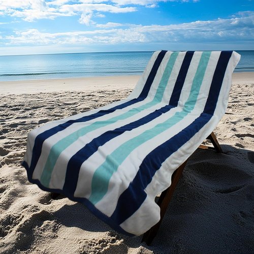 COTTON CRAFT Oversized XL Beach Towel - 100% Cotton Velour, 2 Pack, 39 x 68 Inches - Super Soft Luxury Cabana Stripe Blue