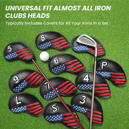 FINGER TEN Golf Club Covers for Irons Magnetic Value 11 Pack, Synthetic Leather Deluxe Head Cover Set Headcovers for Irons Fit Main Iron Clubs (Black-USA Flag)