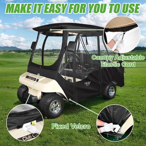 10L0L 4 Passenger Golf Cart Enclosure for Club Car DS, Driving Rain Cover (Short Roof 56-59" with Bench) Windproof Waterproof Portable 4-Sided Clear Window & Durable YKK Door Zipper (Black