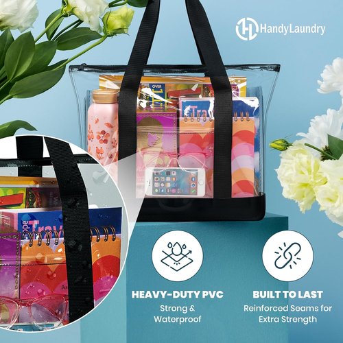 Handy Laundry Clear Tote Bag - Zipper Closure & Long Shoulder Strap | Durable Fabric Trimming