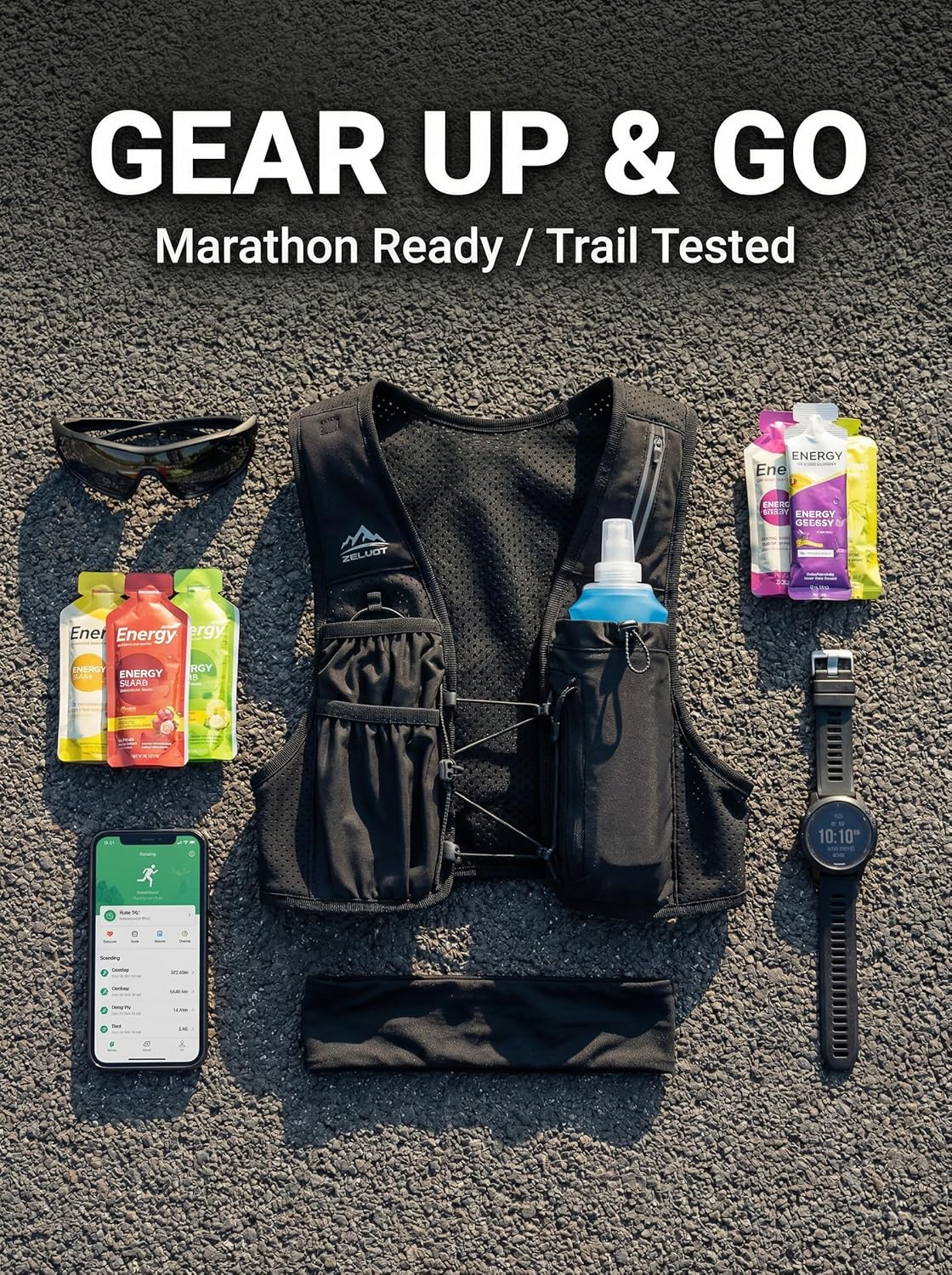 Skiennix Running Hydration Vest - Adjustable Chest Straps & 500ml Soft Flask | Lightweight & Reflective