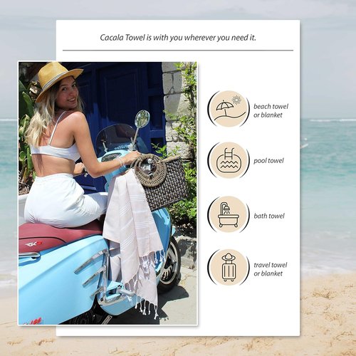 Cacala Turkish Beach Towel - Lightweight, Sand-Free & Quick-Drying | Extra Large 37 x 70" Travel Accessory