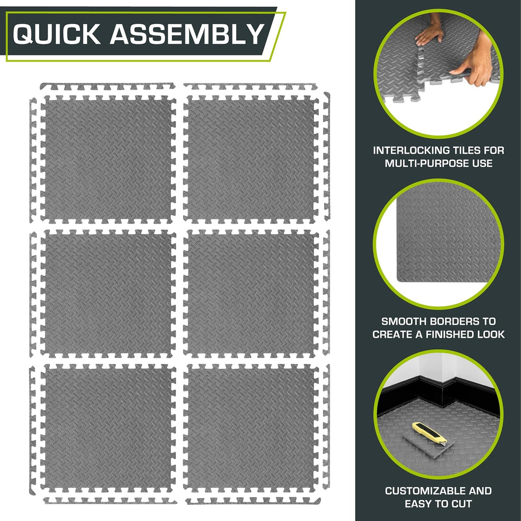 ProsourceFit Puzzle Exercise Mat - EVA Interlocking Foam Tiles for Home Gym | Grey, 24" x 24" - 6 Tiles