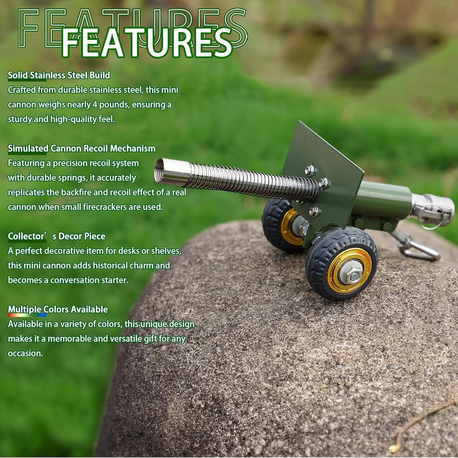 TIETHEKNOT Stainless Steel Mini Cannon - Recoil Mechanism for Outdoor Games & Collectors (Green)