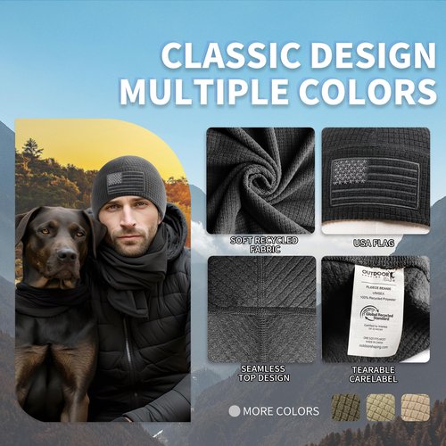 OUTDOOR SHAPING Grid Fleece Beanie with American Flag Embroidery Waffle Tactical Army Military Skull Cap Grey