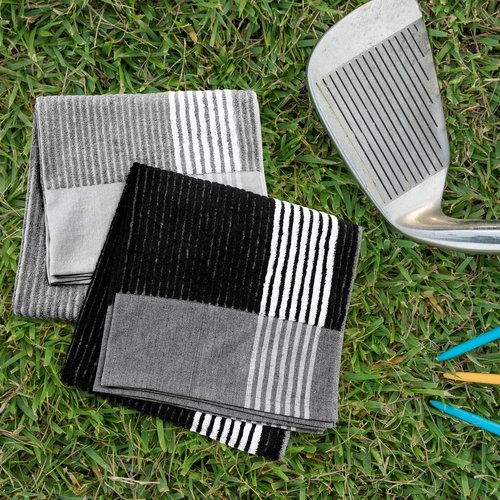 Buryeah Golf Towel 22 x 44 Inch Cotton Golf Caddy Towel Camping Large for Caddies Golfers Tour Players Club with Stripe(Black,Gray,2 Pcs)