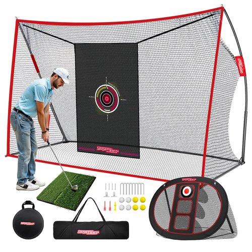 10x7ft Heavy Duty Golf Practice Net with Mat, Target Cloth, 8 Tees, 6 Balls, Carry Bag, Golf Training Net for Backyard Driving Chipping Indoor Outdoor