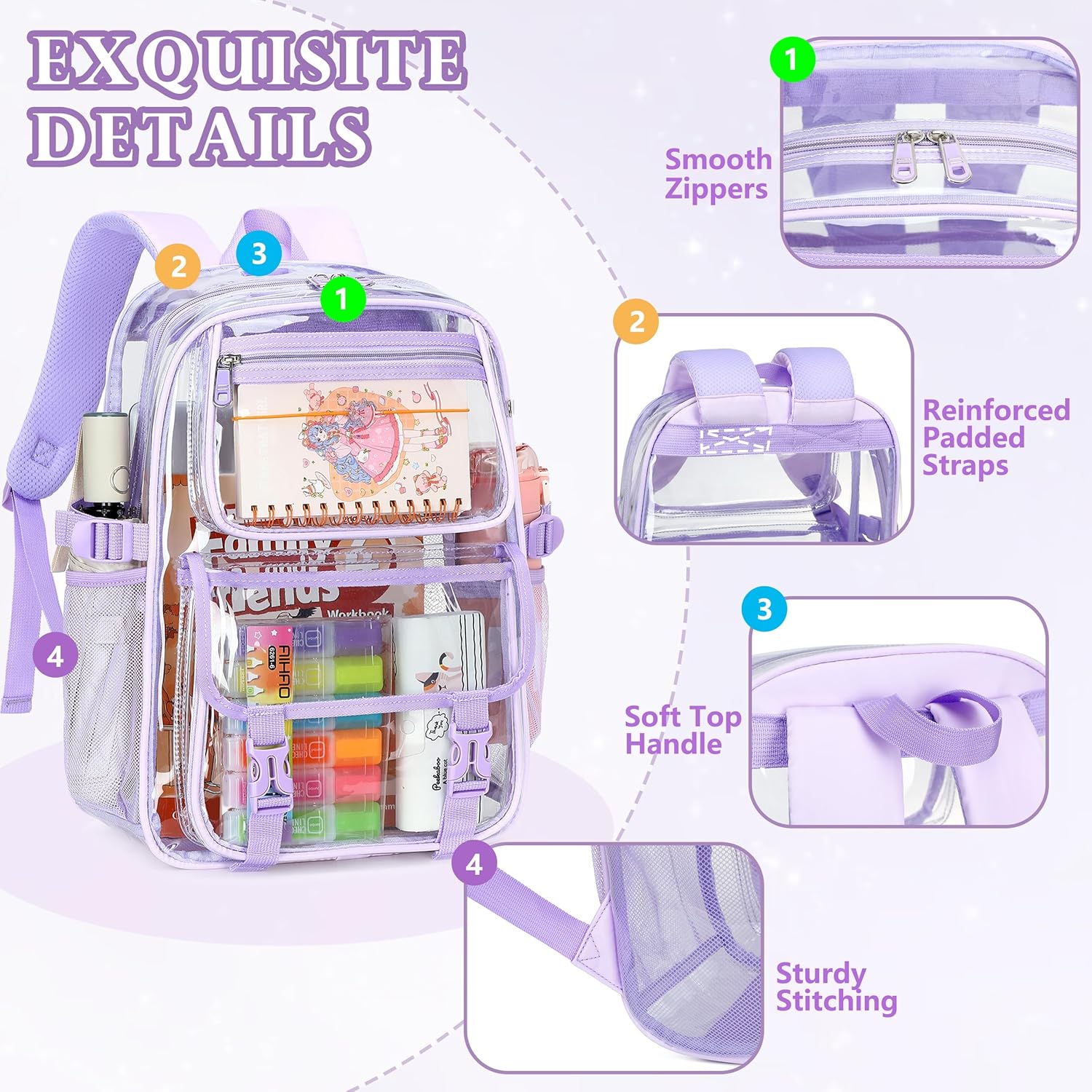 Skiennix Large Clear Backpack - Heavy Duty PVC for 16-Inch Laptops | Transparent Design for School & Travel - Purple