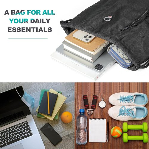 BeeGreen Large Black Drawstring Backpack | Versatile Gym Bag with Water Bottle Pocket & Zippered Front Pocket