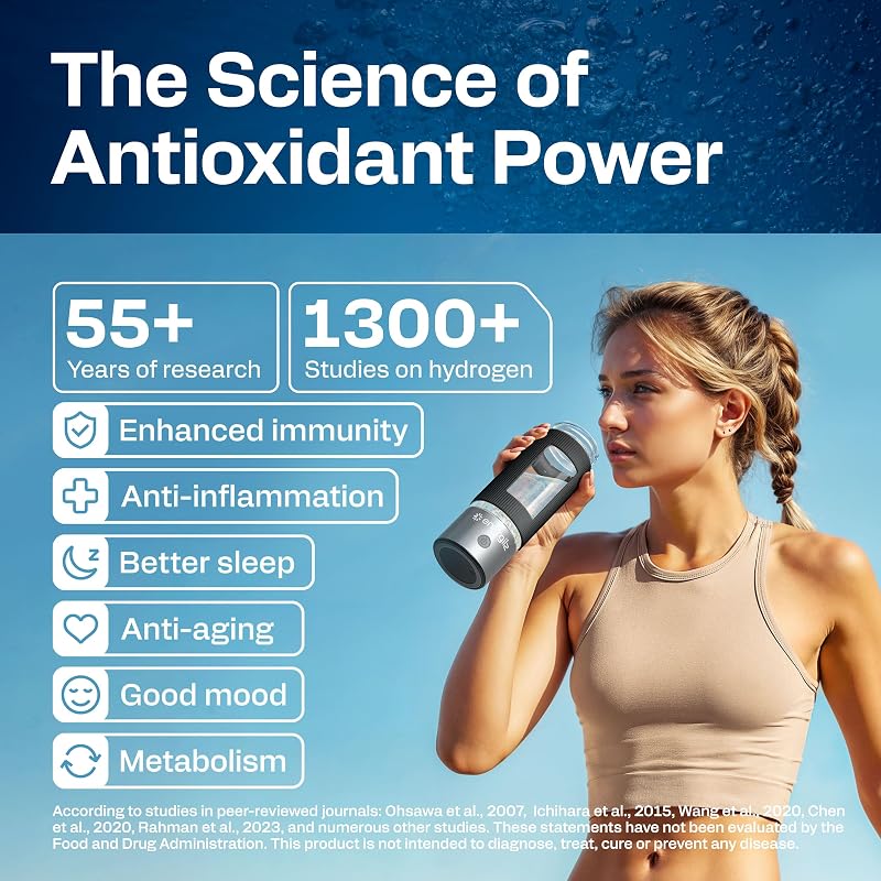 Hydrogen Water Bottle 16.2 oz with SPE/PEM Technology – Steel w/ Black, 3000 ppb Hydrogen Generator