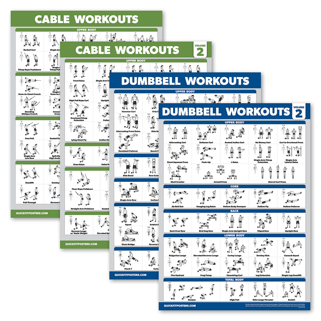Palace Learning 4 Pack - Cable Machine Workout Posters Volume 1 & 2 + Dumbbell Exercises Chart Volume 1 & 2 (LAMINATED, 18" x 24")