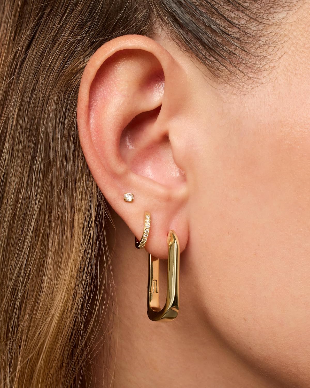 PAVOI 14K Gold Plated Geometric Hoop Earrings - Trendy U-Shaped Triangle Huggies for Women