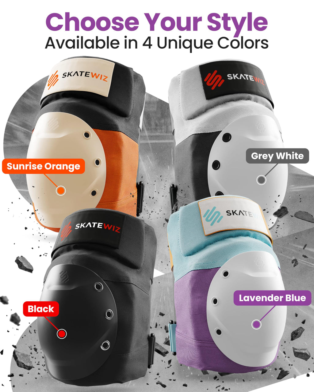 SKATEWIZ Knee and Elbow Pads Adult - Skating Protective Gear Adult - Shield - Size M/L Lavender Blue - Skateboard Pads with Wrist Guards for Inline Skates, Roller Skate - Ice Skates for Women