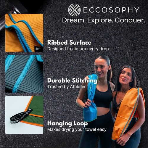 ECCOSOPHY Microfiber Beach Towel - Quick Dry, Highly Absorbent & Lightweight - Ideal for Travel, Pool & Yoga - 40x20 Azure