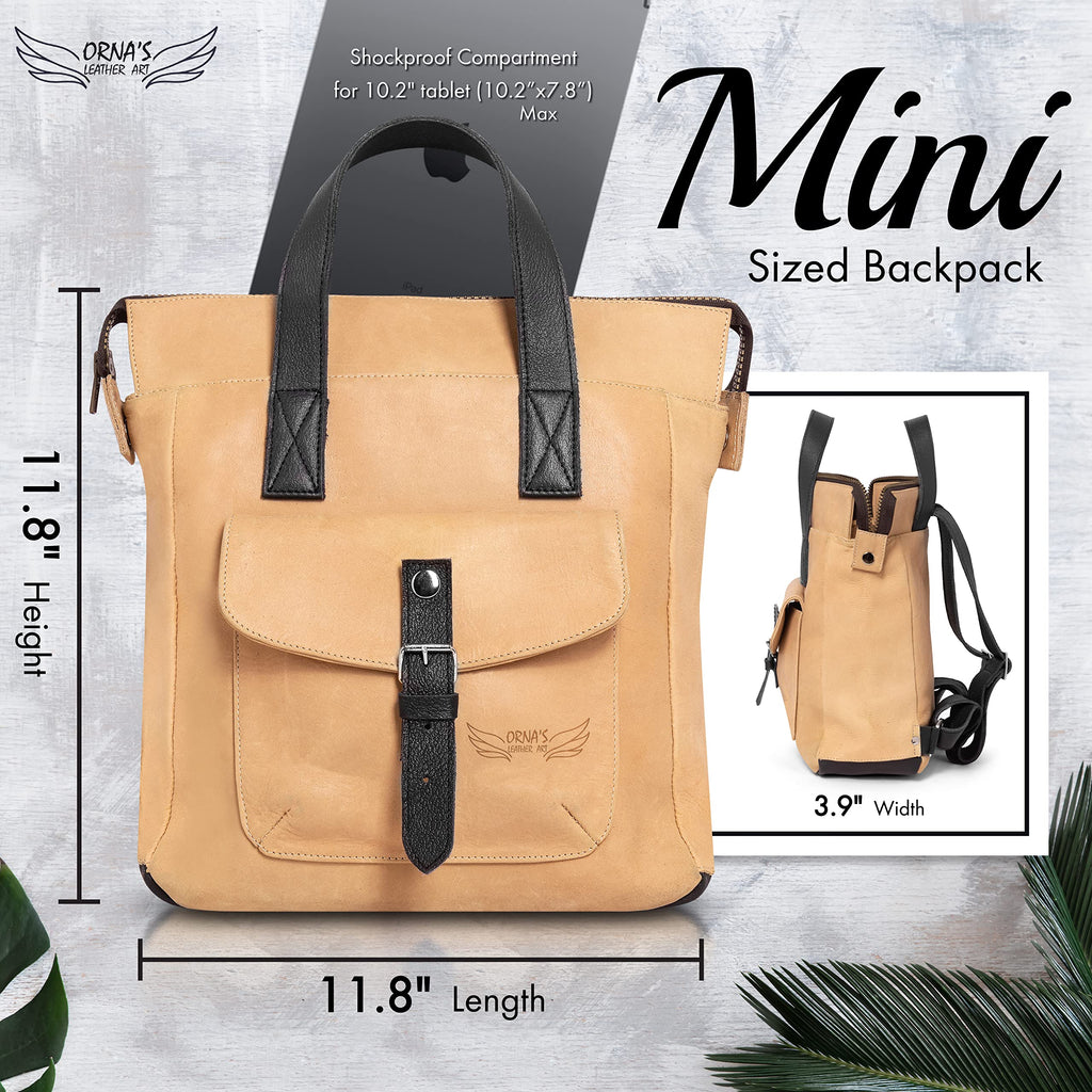 ORNA'S LEATHER ART | Mini SWAN Everyday leather backpack for Women. Practical, Stylish and Spacious Women’s Bag. Real Leather in A Chic Backpack And Contemporary Design (Sand)