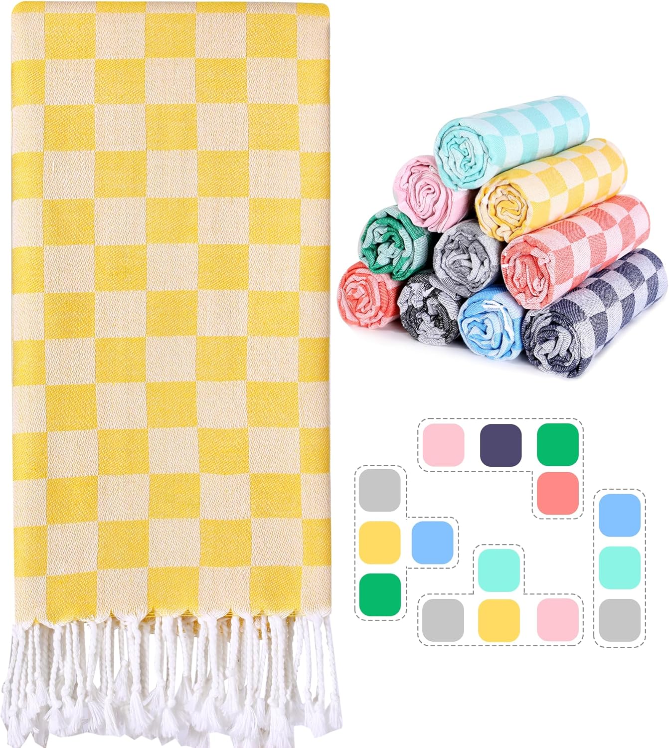 Skiennix Checkered Plaid Cotton Beach Towel - Extra Large, Soft & Fast Drying, Sand Proof, Compact