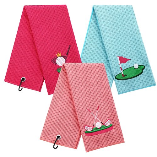 Moukeren 3 Pieces Funny Golf Towels Golfer Gifts for Adults Embroidered Golf Funny Accessories Stuff with Clip for Adults Golfer Fan Bags Powder Room(Light Pink, Rose Red, Sky Blue,Women Style)
