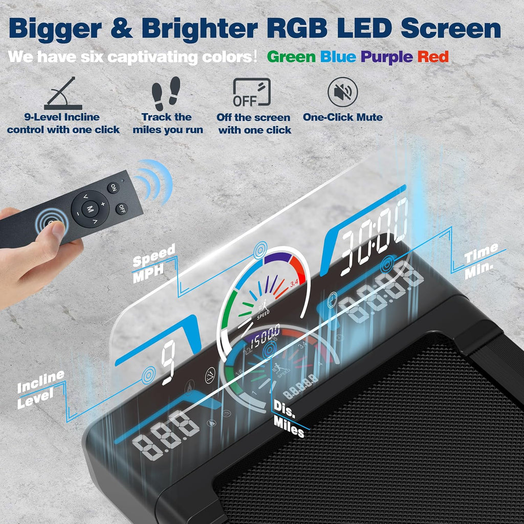 Walking Pad Treadmill - 12% Auto Incline, 450 lbs Capacity, RGB LED Screen & Bluetooth Speaker | Compact Under Desk Design