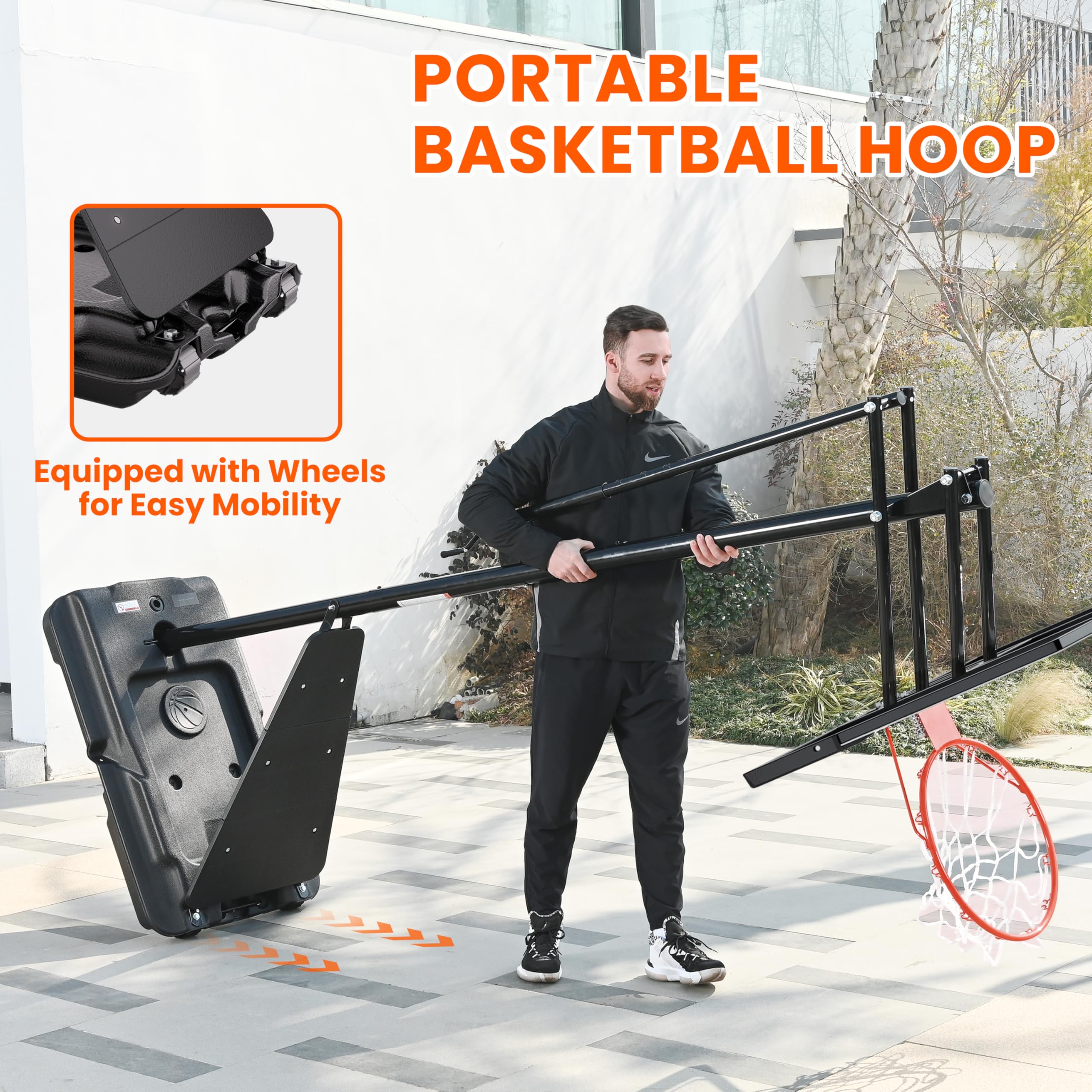 Feelwin Portable Basketball Hoop for Backyard Driveway, Adjustable Outdoor Basketball Goal with Stable Base and Shatterproof Backboard for Youth and Adults
