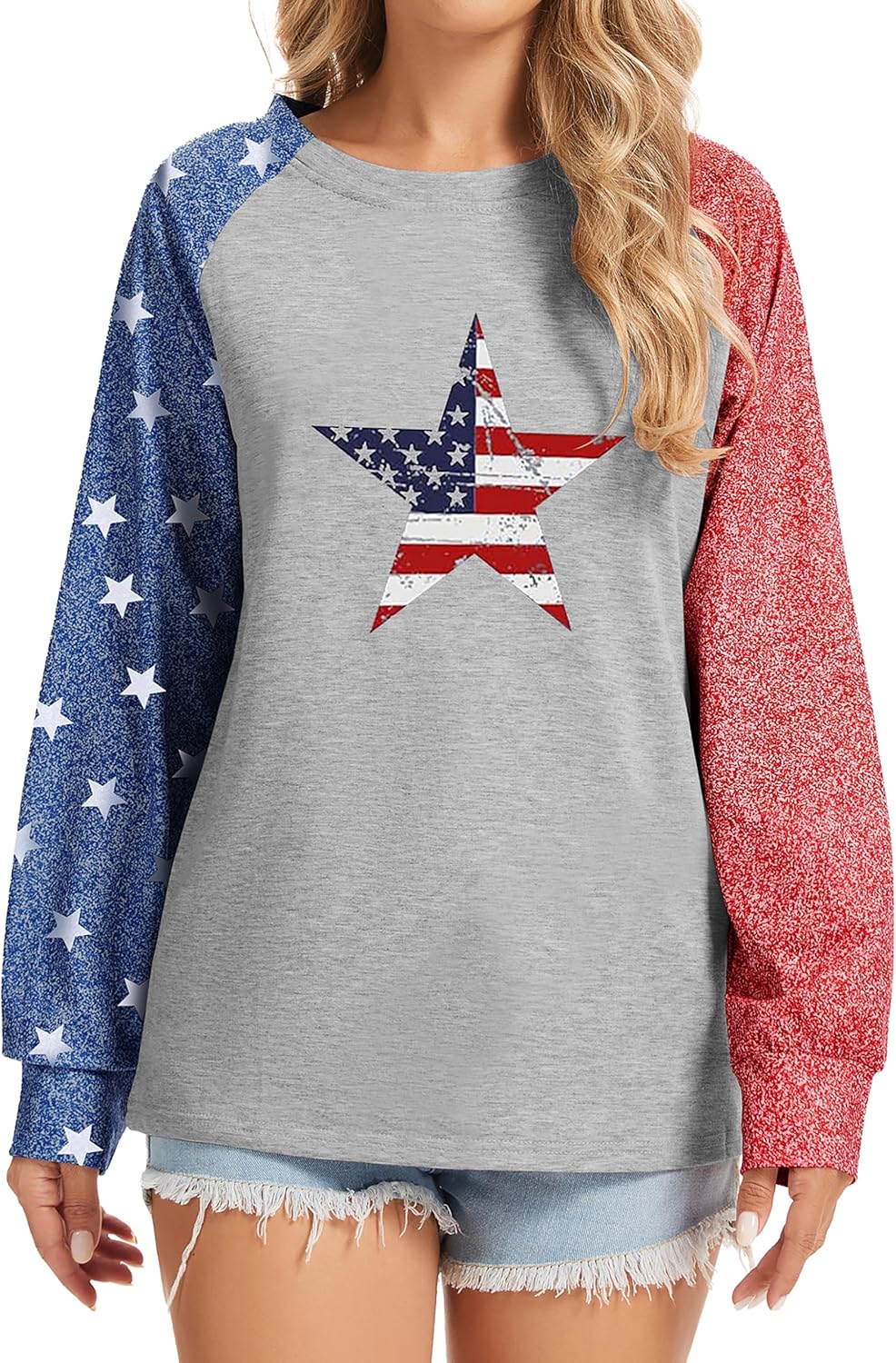 TSMNZMU Women's Star Print Colorblock Shirt - Long Sleeve American Flag Blouse for 4th of July Celebrations