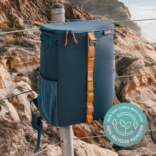 CleverMade Collapsible Backpack Cooler, 24 Can Insulated Backpack Cooler, Soft Sided Cooler Back Pack for Travel, Beach Cooler, Leakproof, Folds Flat - Ocean Cognac