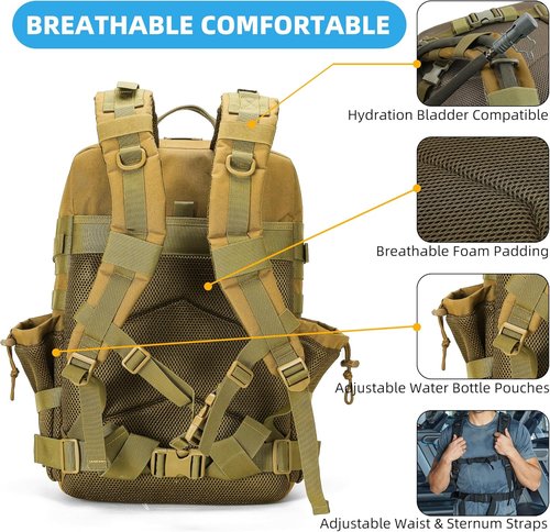 Gracedon Tactical Backpack - 45L Military Molle Assault Rucksack for Men & Women | Khaki Color