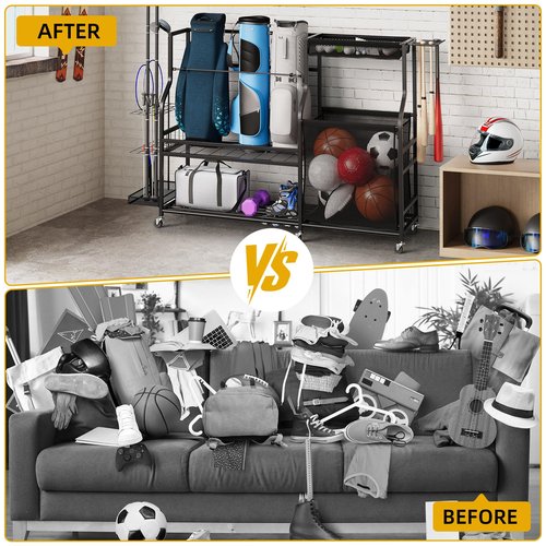 DWVO Golf Bag Organizer for Garage, Golf Storage Stand with Casters, Garage Sports Organizer for Balls, Rackets, Roller Skates and Other Sport Equipments