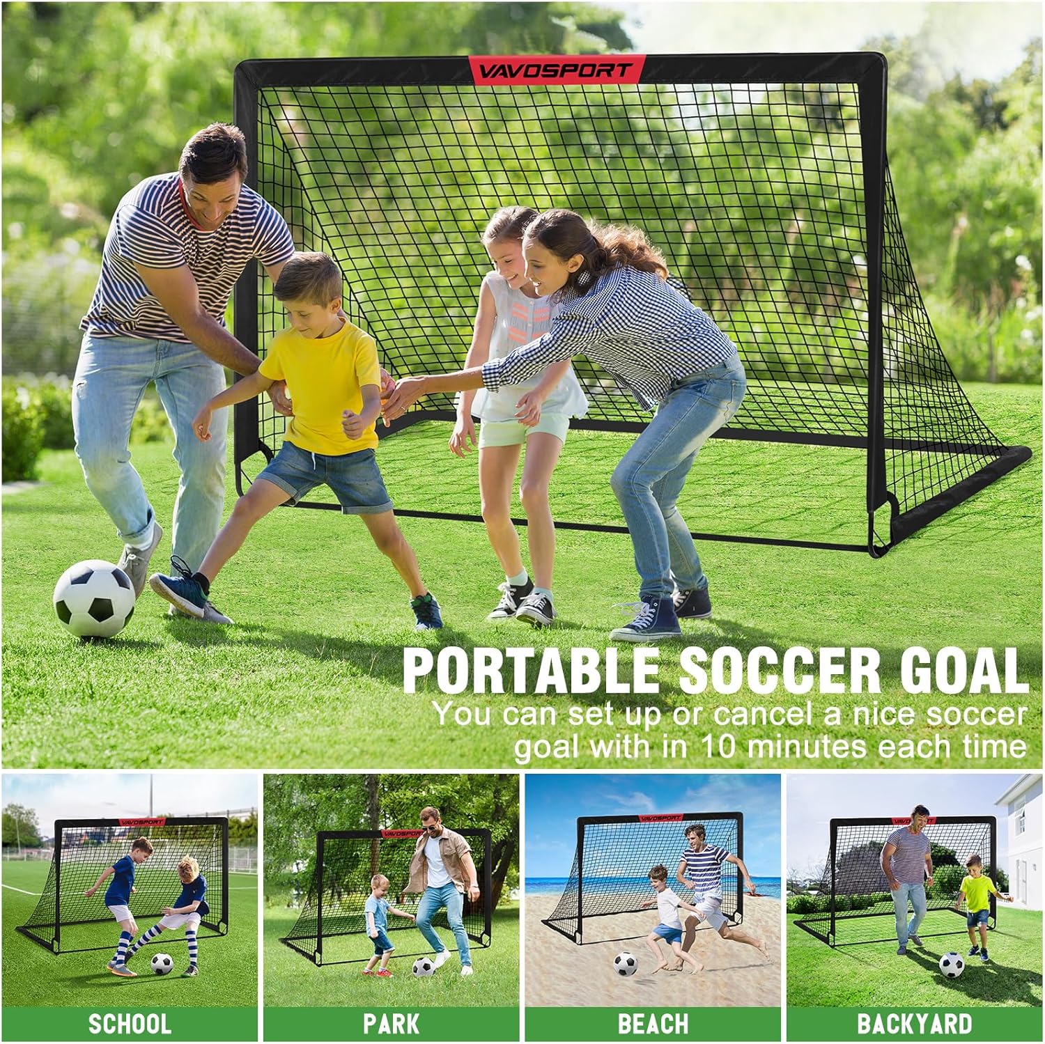 VAVOSPORT Soccer Goal Set - 2 Portable 6'x4' Kids Soccer Goals for Backyard Training & Outdoor Play