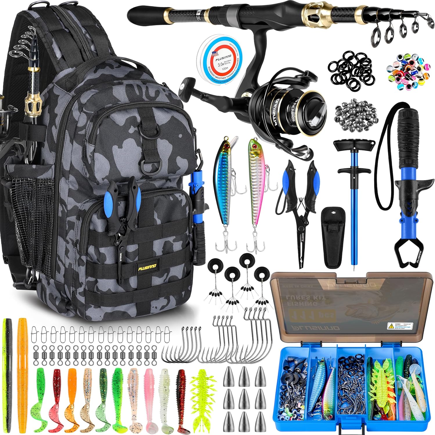 PLUSINNO Fishing Backpack - Waterproof Tackle Bag with Rod Holder & Reel Combos | Ideal Fishing Gear Gift for Men
