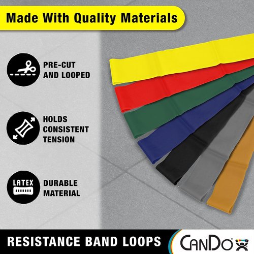 CanDo Resistance Exercise Band Loops, 5pc Set (X-Light - X-Heavy) 15 inch, for Workouts, Exercise, Yoga, Training at Home or Gym, Durable Latex Fitness Bands