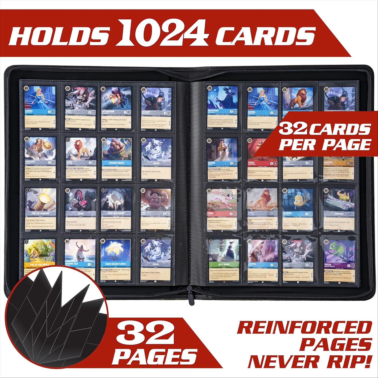 Premium Lorcana Card Binder - 16 Pocket Trading Card Album with Sleeves for 1024 Cards | Classic Red