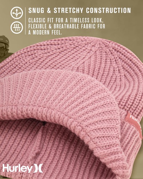 Hurley Women's Caylin Beanie Hat - Medium Fit Thick Ribbed Cable Knit with Fixed Cuff and Visor - Winter Hats for Women, Mauve