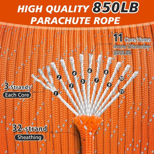 **Reflective Paracord Rope - 850lb Heavy-Duty 11 Strand Cord for Camping & Survival | 100ft Orange**
