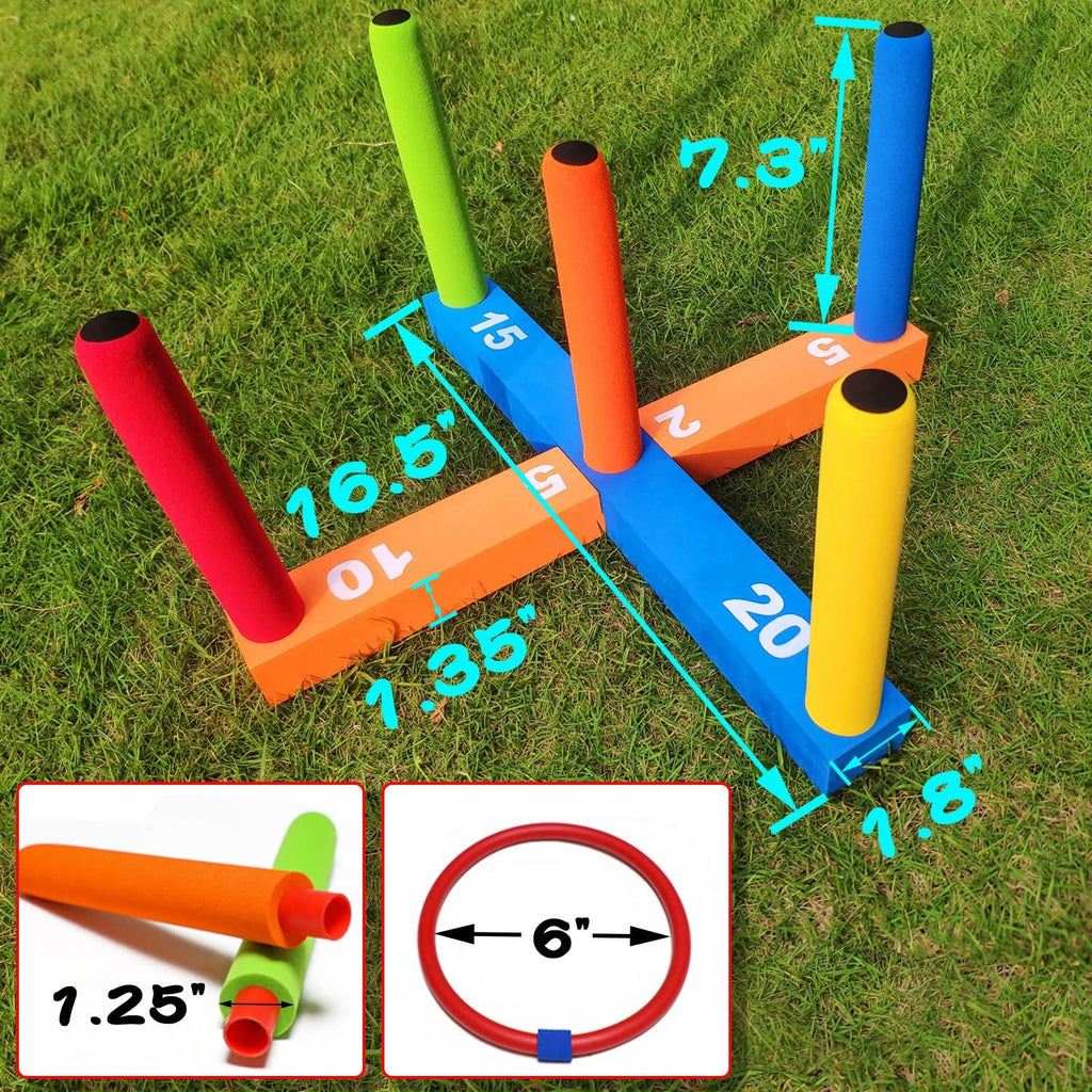 Skiennix Ring Toss Game - Fun Indoor & Outdoor Family Game with 5 Poles, 2 Bases & 16 Colorful Rings